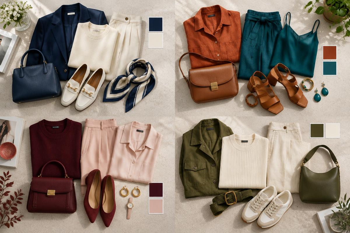 Roupas e acessórios organizados em combinações de azul-marinho, creme, terracota, verde, vinho e rosa
