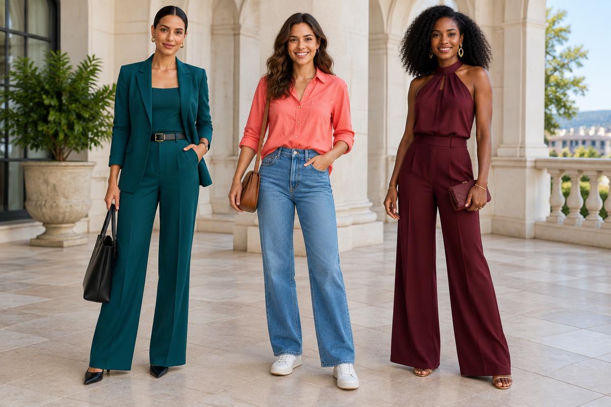 Três mulheres com roupas em verde-azulado para trabalho, coral para o dia e vinho para festa