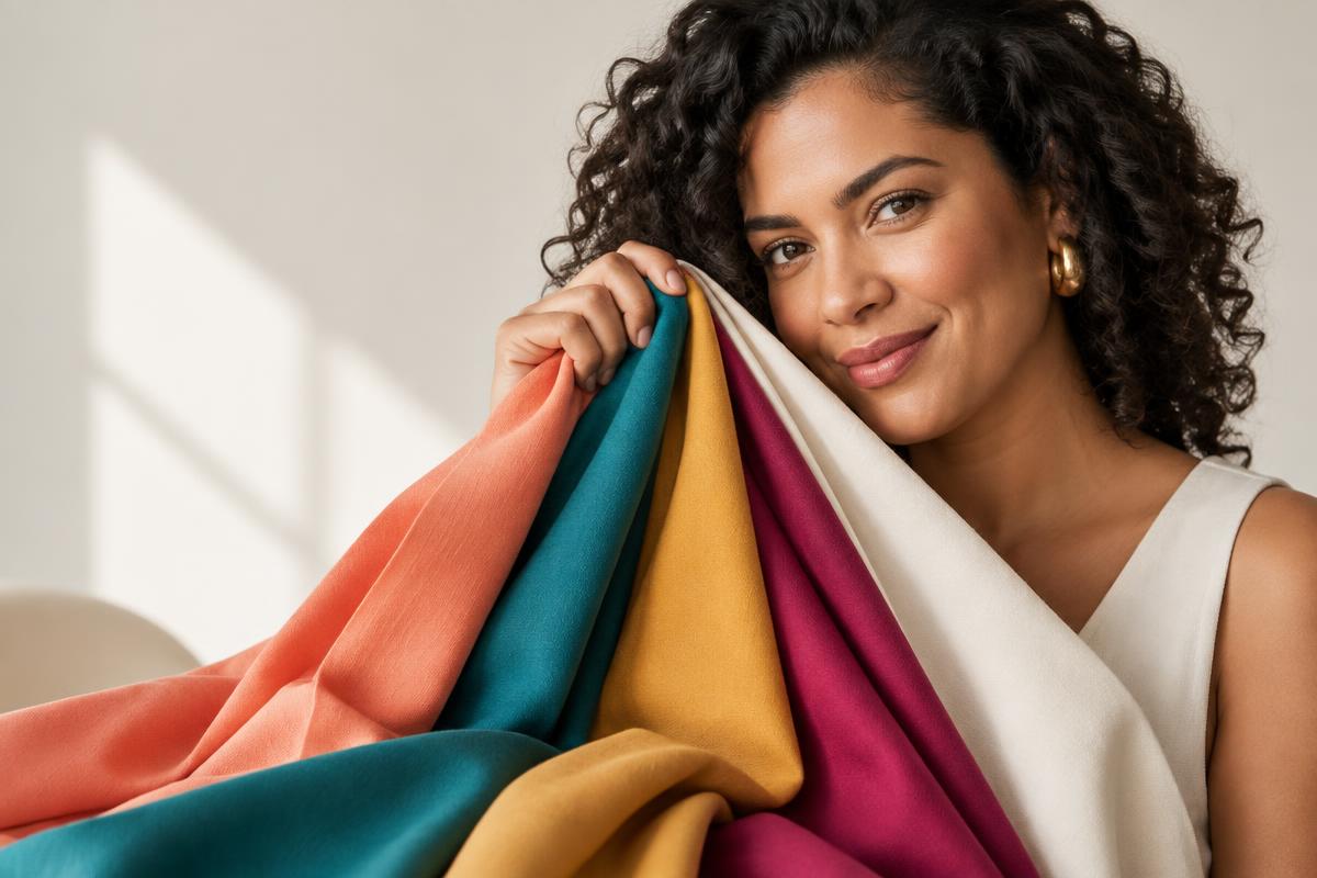 Mulher comparando tecidos coloridos próximos ao rosto